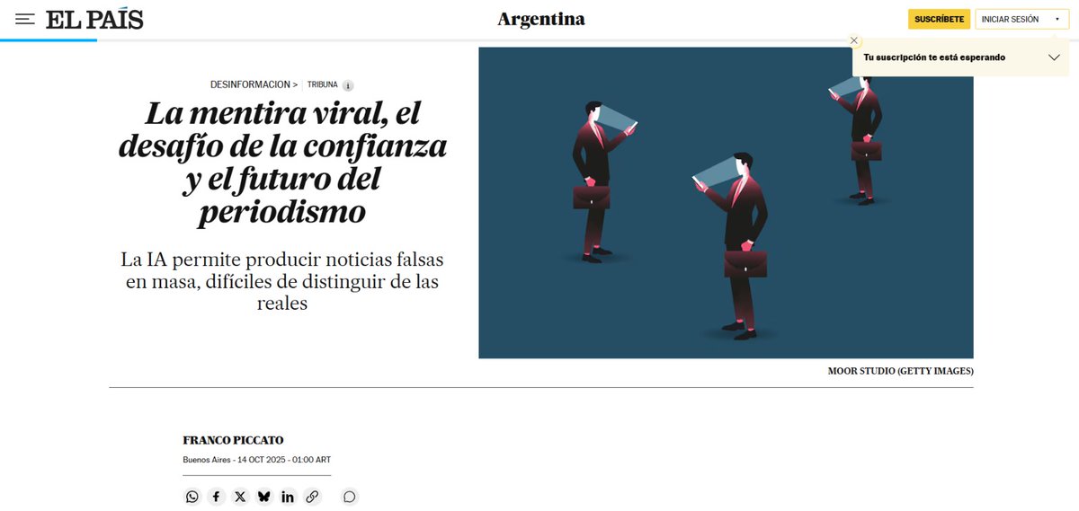 El futuro del periodismo y el impacto que genera la desinfo, al compás de la tecnología y la IA: la pérdida de confianza.
Va alguito de lo que compartimos desde <a href="/Chequeado/">Chequeado</a> en <a href="/elpais_america/">EL PAÍS América</a> , en pluma de <a href="/fpiccato/">Franco Piccato</a>

elpais.com/argentina/2025…

¡Gracias a los colegas por el espacio!