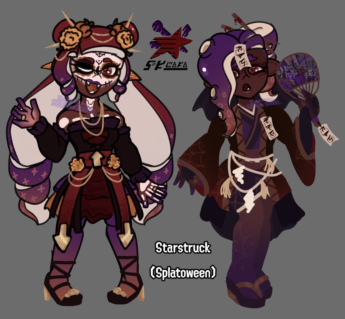 SBL0ver30000_'s tweet photo. STARSTRUCK ARE READY FOR SPLATOWEEN!!!! I had so much fun researching to make these costumes for them… castor is inspired by day of the dead, while vasa is inspired by aspects of Japanese purification rituals!
#SplatoonStarstruck #SplatoonOC https://t.co/YWLjXzuvLm
