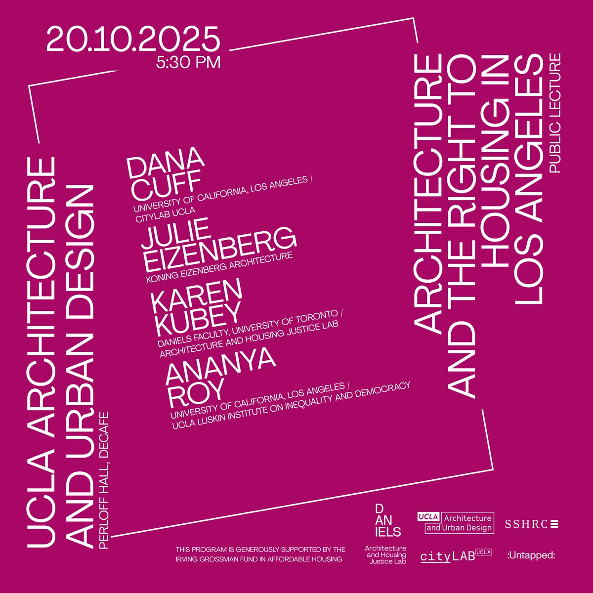 Join us for “Architecture and the Right to Housing in Los Angeles!”

Dana Cuff, Julie Eizenberg (<a href="/KoningEizenberg/">Koning Eizenberg</a> ), Karen Kubey (@karenkubey), Ananya Roy (<a href="/ananyaUCLA/">Ananya Roy</a>, <a href="/ChallengeIneq/">Institute on Inequality & Democracy</a>)

Monday, October 20, 2025
5:30 p.m.
UCLA AUD (<a href="/UCLA_AUD/">UCLA Architecture and Urban Design</a>)

Register: bit.ly/ARCH_RTH_LA_Le…