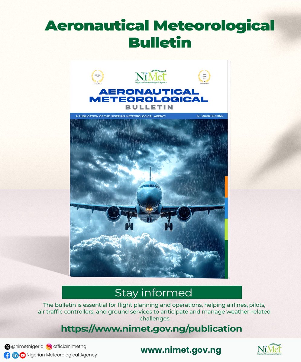 The Aeronautical Meteorological Bulletin is up for download. 

The bulletin is essential for flight planning and operations, helping airlines, pilots, air traffic controllers, and ground services to anticipate and manage weather-related challenges.

nimet.gov.ng/publication