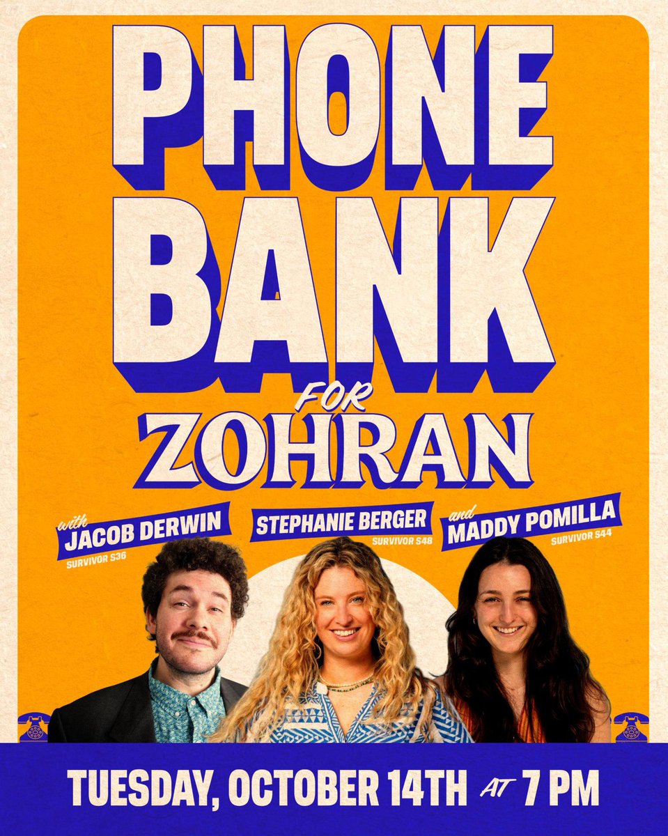 JacobDerwin's tweet image. #Survivor fans - If you've been glued to your phone cheering on @ZohranKMamdani but don't live in NYC, now is the time to get off the sidelines. Hang out with me and other @survivorcbs alums on tonight’s 7 pm phonebank. Signup here: volunteer.zohranfornyc.com/volunteer-recr…