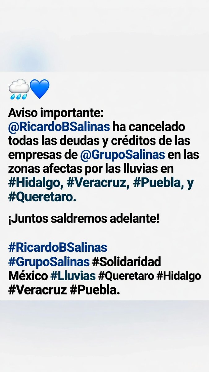 GuacamayanLeaks's tweet image. 🚨@RicardoBSalinas anuncia la cancelación de adeudos y créditos de @GrupoSalinas en zonas afectadas por lluvias. 

Apoyo total a #Hidalgo, #Veracruz, #Puebla y #Querétaro.  #Solidaridad #GrupoSalinas