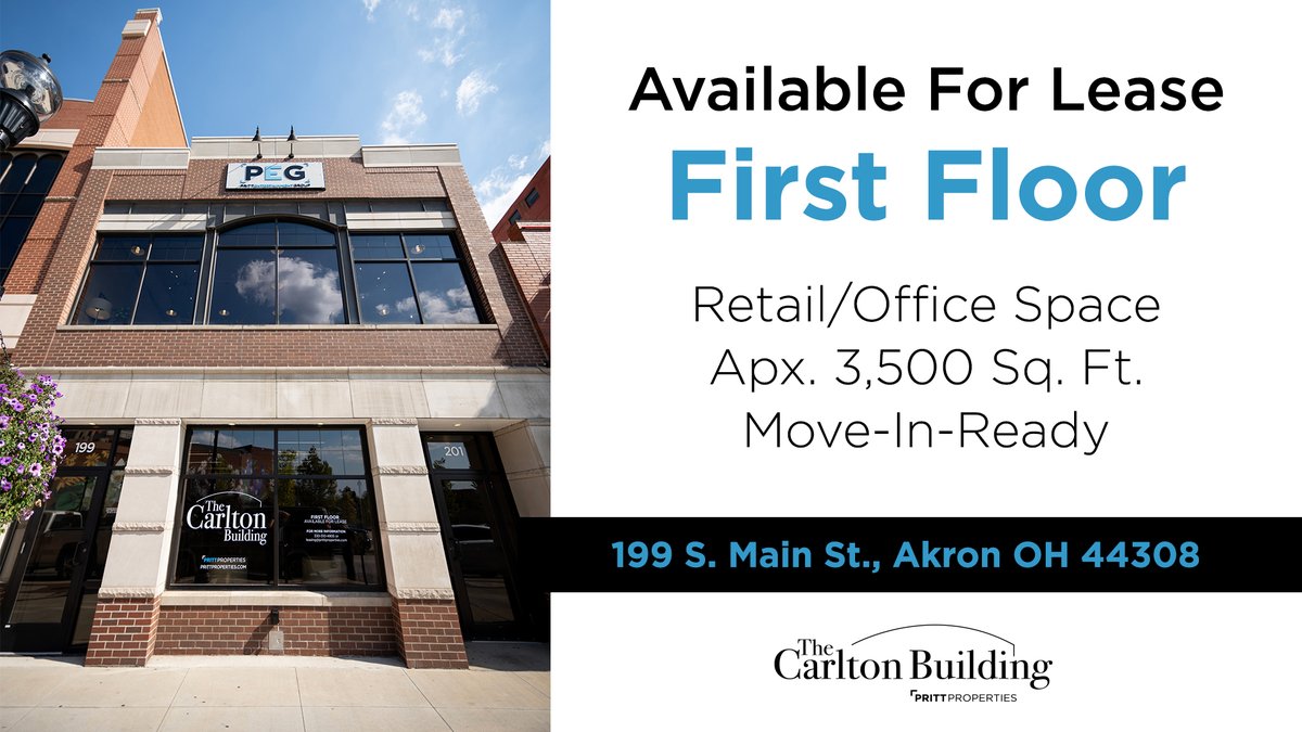 PrittProperties's tweet photo. Looking for your next retail space?

 ✅ Street-level visibility in Downtown Akron
 ✅ Apx. 3,500 sq. ft. + basement storage
 ✅ 14 ft. ceilings

Now available in the Carlton Building on S. Main St.

Learn more at https://t.co/DOu9CPAoQk https://t.co/C4lyNAtTsQ