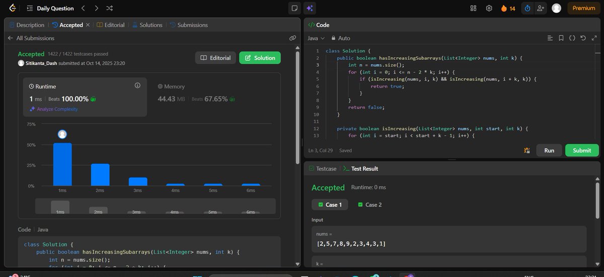 SitikantaDash's tweet image. Day 23 of #100DaysOfCode
Solved LeetCode 3349: Adjacent Increasing Subarrays Detection I
Checked for two adjacent strictly increasing subarrays of length k.
Improved understanding of sliding window and array pattern detection.
#LeetCode #Java #DSA
