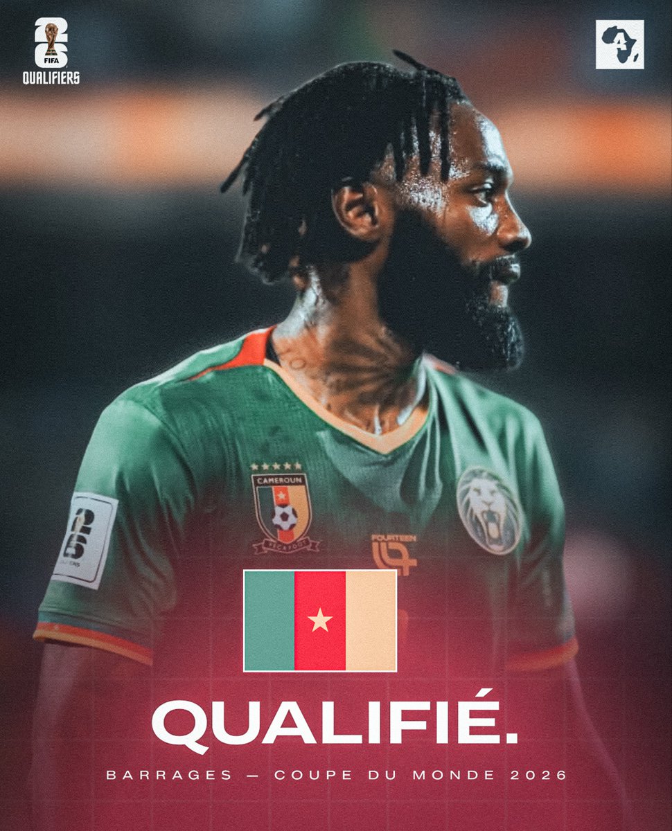 ActuFootAfrique's tweet image. 🚨 OFFICIEL : Le Cameroun 🇨🇲 se qualifie pour les 𝗕𝗔𝗥𝗥𝗔𝗚𝗘𝗦 𝗔𝗙𝗥𝗜𝗤𝗨𝗘 de la Coupe du Monde 2026 ! 🌍🏆