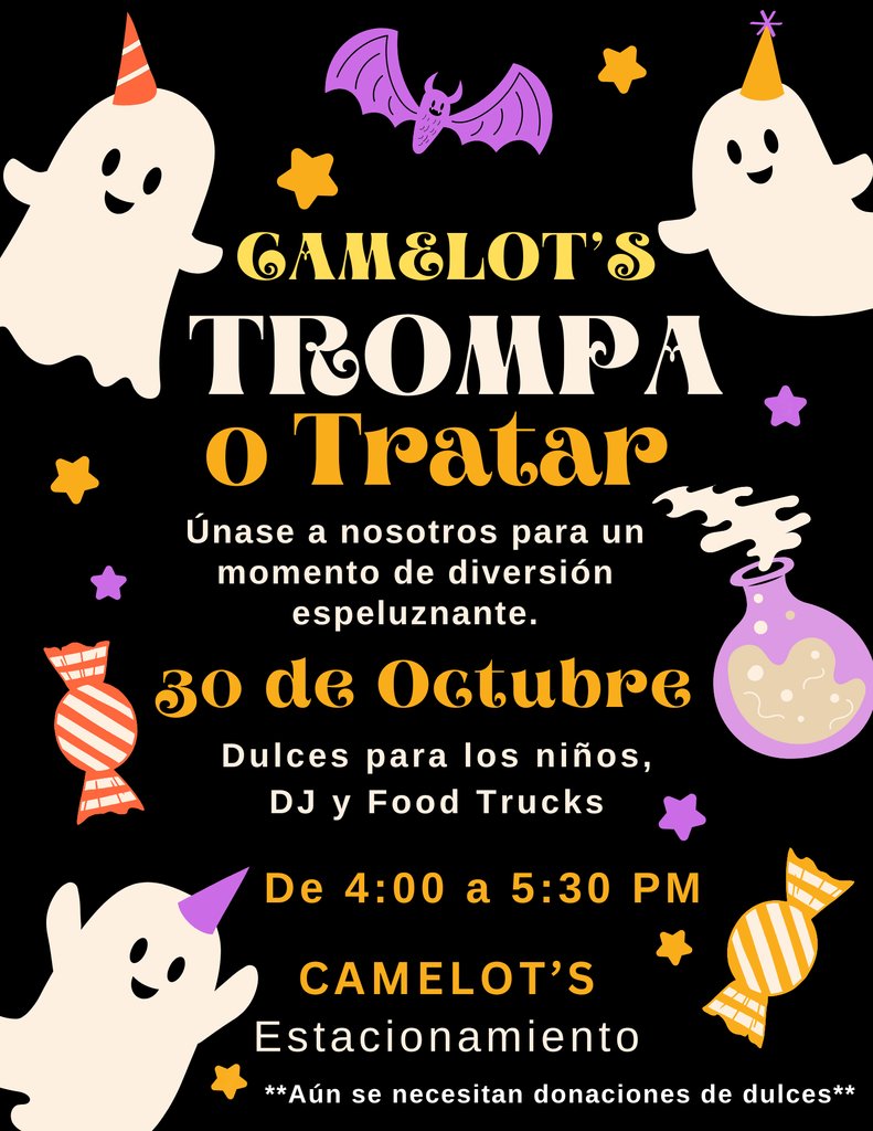 Knight Families - You are invited to Camelot's Trunk or Treat on October 30th from 4:00 to 5:30 PM...  CANDY  -  DJ  -  FOOD TRUCKS... Come dressed up and ready for FUN!!  P.S. We are still accepting candy donations. 🦇   🧛  🧑‍🍳  🧑‍🔬  🕵 🦸 🎃