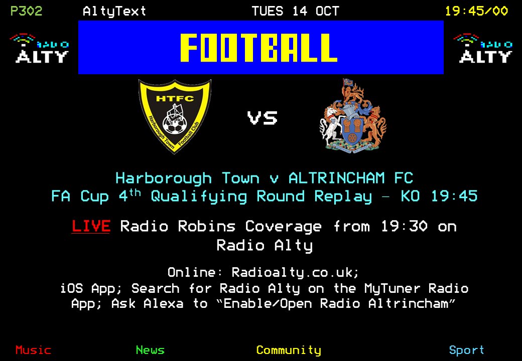 It's Take 2 in the FA Cup this evening as <a href="/altrinchamfc/">Altrincham FC</a> go again against <a href="/HarbTownFC/">Harborough Town FC 🐝</a> in a 4th Qualifying Round Replay. Live Radio Robins commentary from Ben Edgson and Ian Wilkinson kicks off from 19:30 on Radio Alty. #YourTownYourClub