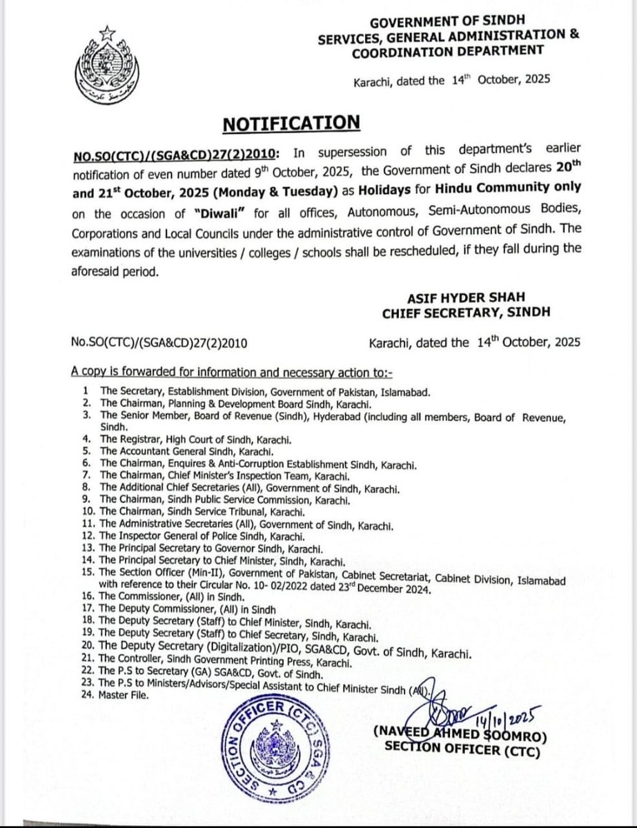 iambhevishk's tweet image. Upon my earlier request, the Chief Minister of Sindh has announced a two-day holiday for the Hindu community working in the public sector and has also directed the rescheduling of exams on both days.

This is Sindh, this is PPP-led Sindh.

Thank you, Chairman Sb @BBhuttoZardari,…