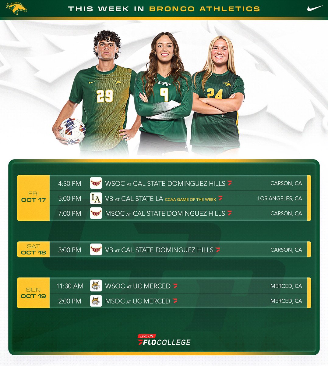 cppbroncos's tweet image. This week in Bronco athletics 🐎
@cppvolleyball faces Cal State LA for the CCAA Game of the Week.
@cppwsoccer and @cppmsoccer hit the road for two more CCAA matchups.
#WeAreCPP