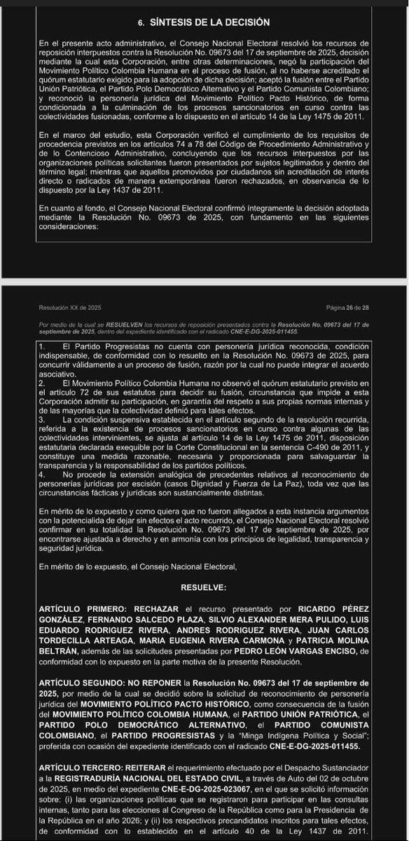 Ante los recursos presentados por los representantes legales de la Colombia Humana y Progresistas, tras ser excluidos de la fusión del Pacto Histórico como partido único, el magistrado del CNE Altus Baquero radicó una ponencia con la que se mantiene en que ambas colectividades no