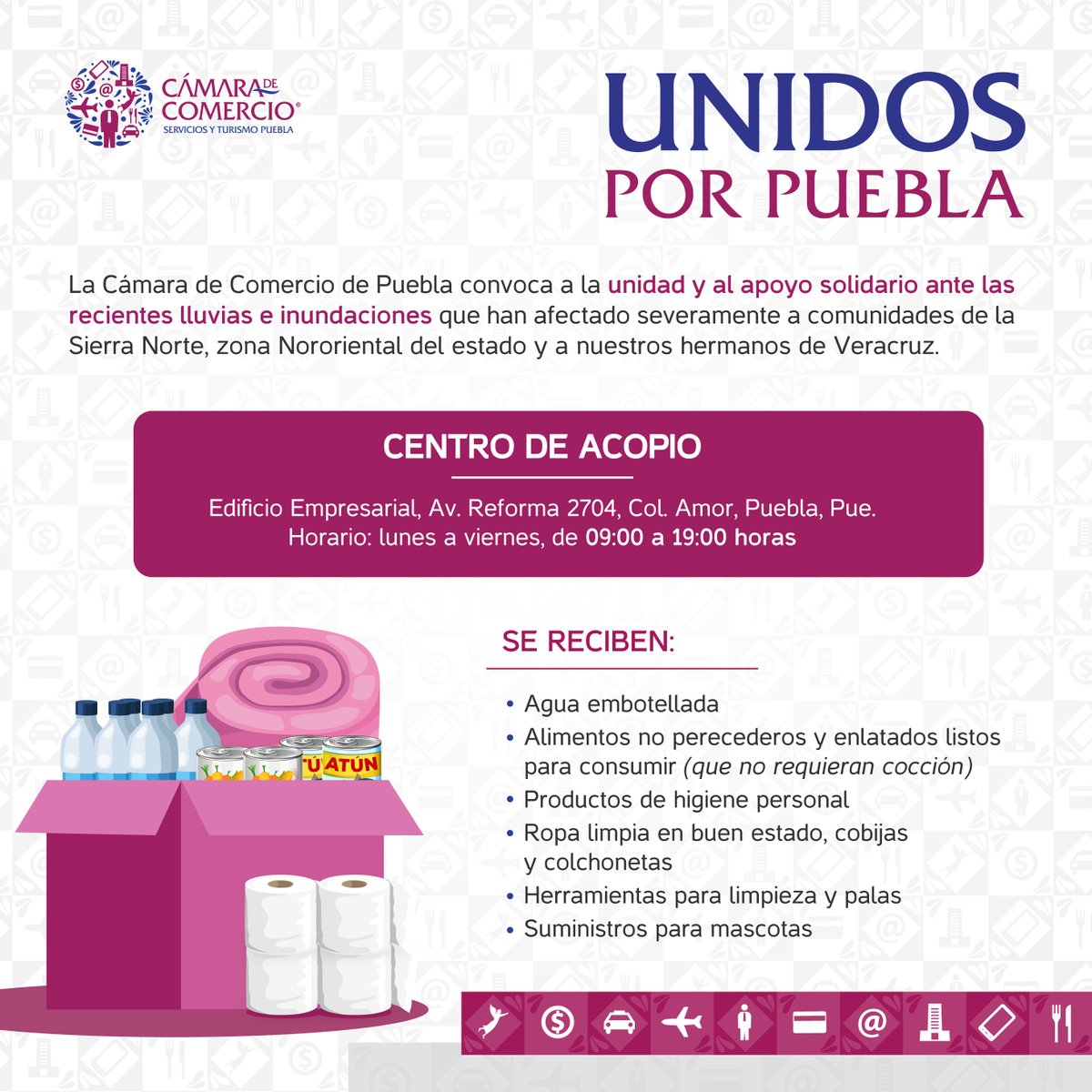 📢 La Cámara de Comercio de Puebla convoca a la unidad y a la solidaridad ante las recientes lluvias e inundaciones que han afectado severamente a comunidades de la Sierra Norte, zona Nororiental del estado y a nuestros hermanos de Veracruz. Ofrecemos nuestros espacios para