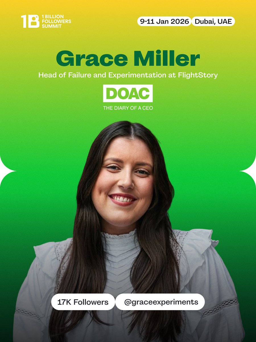 Grace Miller, Head of Failure and Experimentation at FlightStory, is joining the #1billionsummit 🚀

From marketing to leading bold experiments at “The Diary of a CEO”, she drives growth and innovation in media.

🎟️ Don’t miss out, get your ticket now!
1billionsummit.com