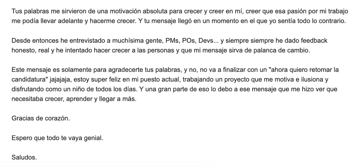 Cinco minutos para dar feedback pueden cambiar la trayectoria de algún chaval. No cuesta nada, y el impacto puede ser enorme.

(y gracias anon por feedback del feedback, motiva mucho leer estos mensajes🙏)