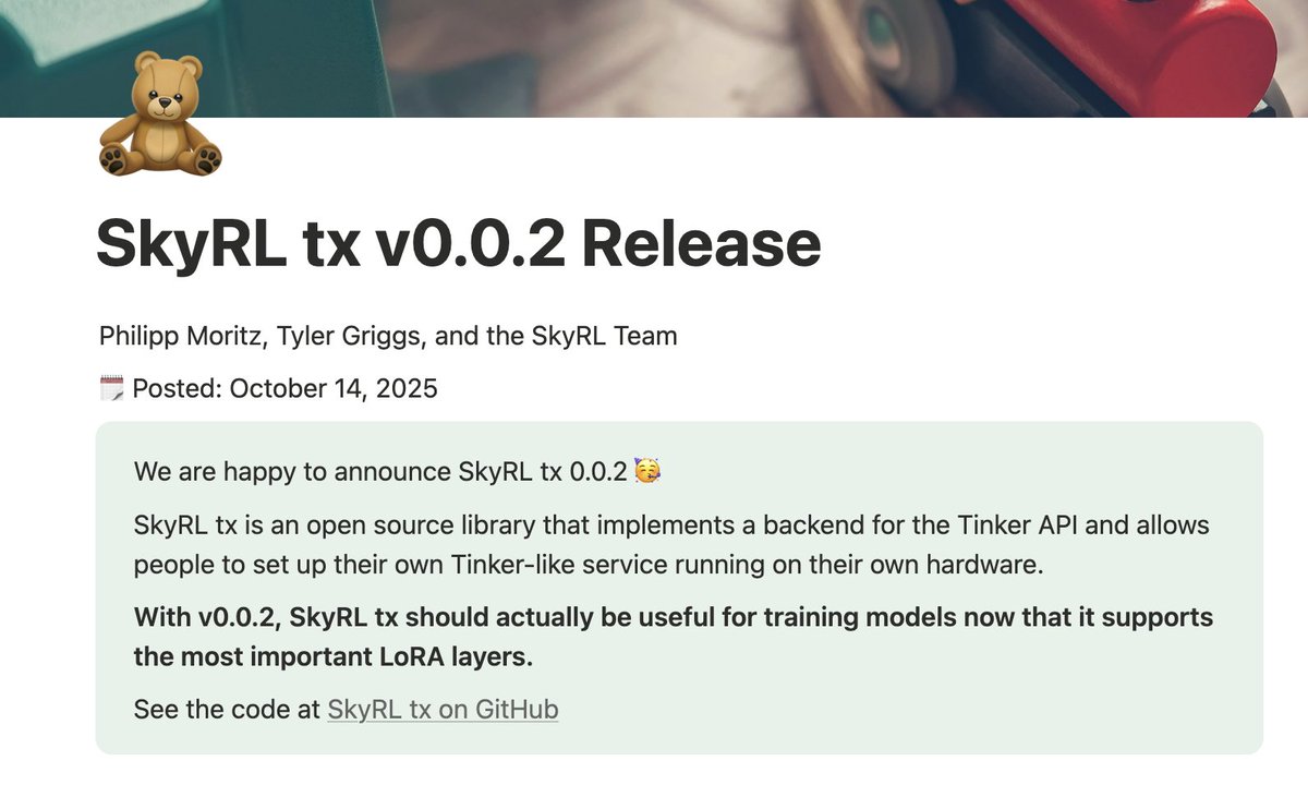 pcmoritz's tweet image. We are happy to release SkyRL tx 0.0.2, an open source library that implements a backend for the Thinking Machine Tinker API and allows people to set up their own Tinker-like service running on their own hardware. There is lots of new features and it is exciting to see the first…