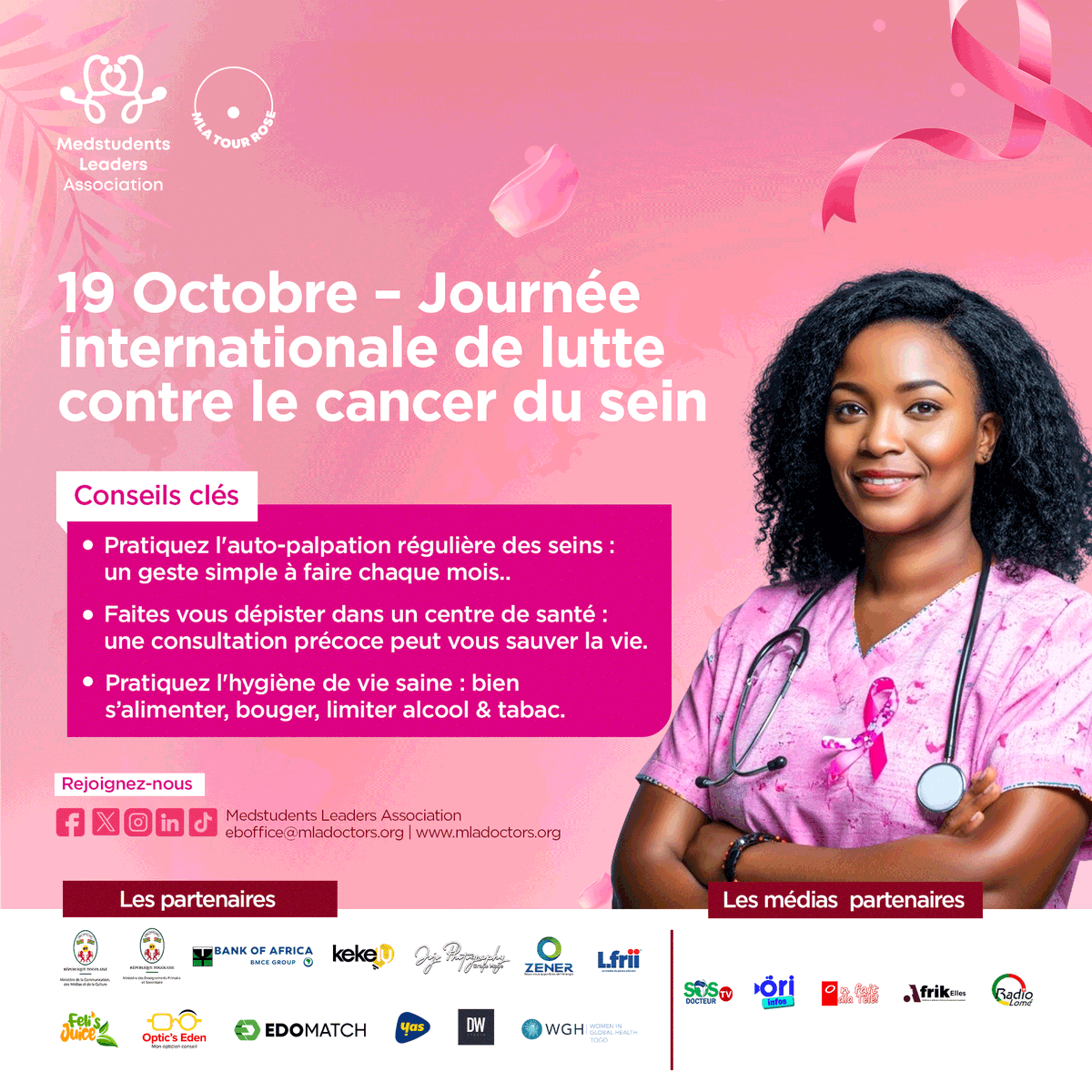 medstud_lead's tweet photo. #JournéeInternationaledeluttecontreleCancerduSein💗
N'oublions pas de faire : 
👉 L' auto-palpation régulière.
👉 Le dépistage précoce.
👉D'adopter une vie saine.
#MlaTourRose2025 #octobrerose2025 https://t.co/YfvvoHVCgK
