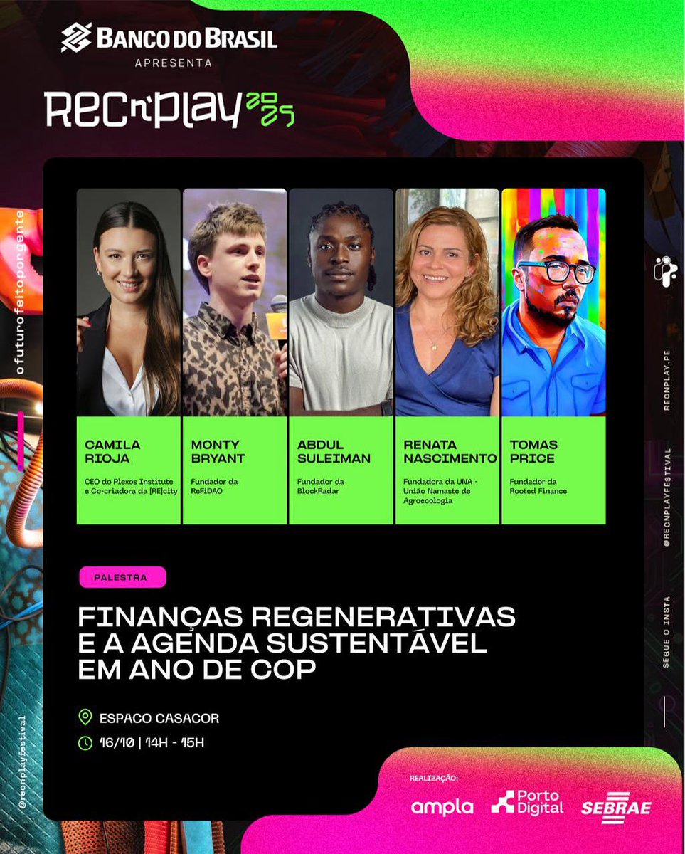 iamnotstatic's tweet image. Excited to be speaking at Rec’n’Play 2025, one of Brazil’s biggest innovation festivals with 90,000+ attendees across 4 days 🇧🇷
I’ll be joining amazing minds like @mila_rioja, @MontyMerlin, and others to talk about Regenerative Finance and Sustainability in the Year of COP