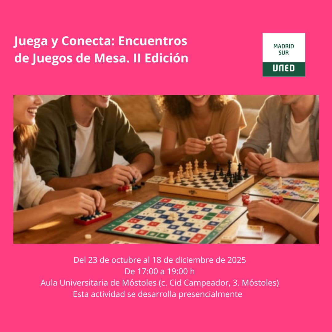 La actividad  "Juega y conecta: encuentros de juegos de mesa" es una iniciativa de la  UNED Madrid-Sur orientada a fomentar la interacción entre estudiantes de  distintas titulaciones mediante juegos de mesa clásicos y modernos.  
extension.uned.es/actividad/47773
