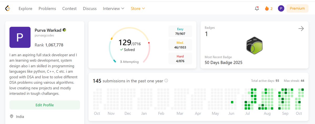 purva_1515's tweet image. Just hit 129 problems solved on GeeksforGeeks! 💻
Still pushing myself every day to get better at DSA and problem-solving 🔥
Currently at a 44-day streak and loving the grind!
#100DaysOfCode #DSA #CodingJourney #GeeksforGeeks #WebDev #LeetCode