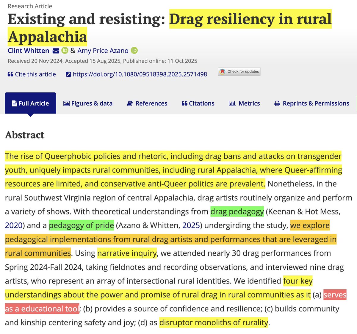🚨NEW: A peer-reviewed paper in an education journal argues that rural drag shows are powerful and important educational tools that should be implemented to destroy the traditional (i.e., "Queerphobic") norms and values of rural communities.

The authors frame their study around