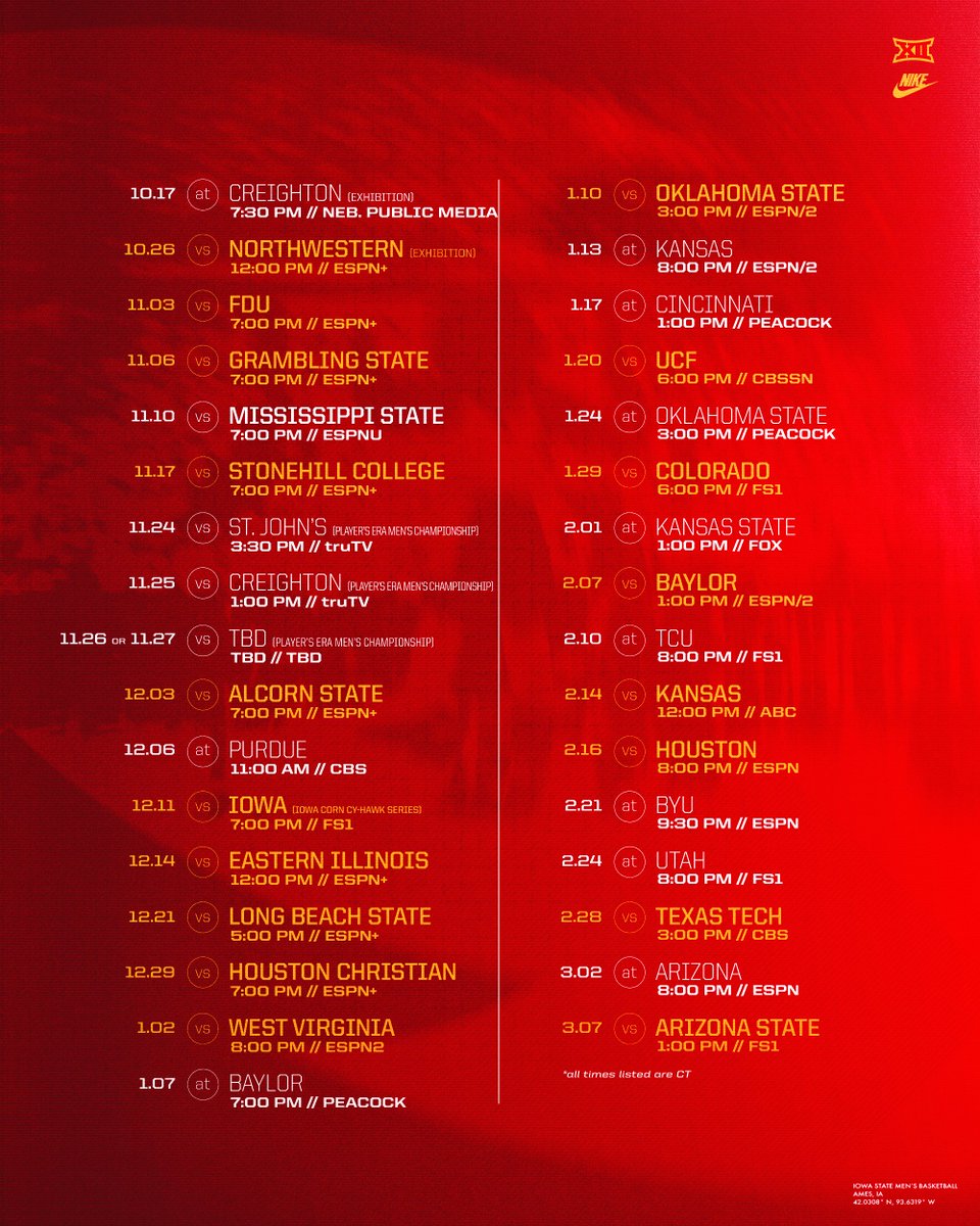 Iowa State Men’s Basketball (@cyclonembb) on Twitter photo TV? Tipoff Times?
We Got It!
📅: tinyurl.com/2auoayue
#Cyclones | #C5C TV? Tipoff Times?
We Got It!
📅: tinyurl.com/2auoayue
#Cyclones | #C5C