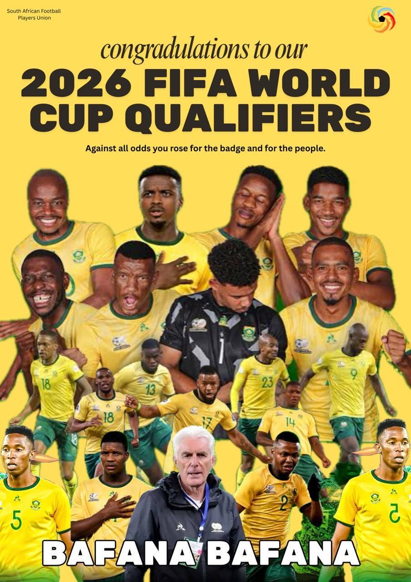 SAFPU_Official's tweet photo. We are going to the WORLD CUP! ๐ฟ๐ฆ๐ฅโจThe pride of a nation restored, the dream kept alive by belief, unity & grit.
Bafana Bafana, you carried us with courage -now the world will hear our song again and we will shine๐๐โจ#BafanaBafana #WorldCup2026 #SAFPU
@FIFPRO @FIFProAfrica https://t.co/ifIJIEUPcF