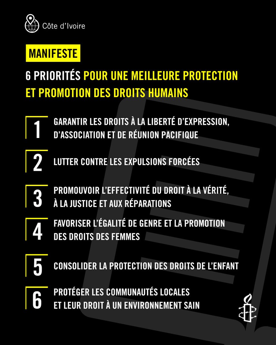 En amont de l’élection présidentielle du 25 octobre en Côte d’Ivoire, nous appelons l’ensemble des candidats à prendre des engagements clairs autour de six priorités essentielles, afin de garantir le respect des obligations nationales et internationales du pays en matière de