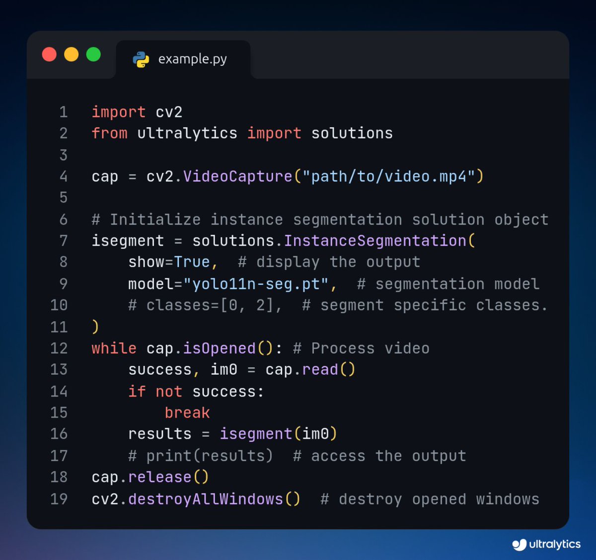 ultralytics's tweet image. Run instance segmentation using Ultralytics YOLO11! 🧠

Use "solutions.InstanceSegmentation" to detect and segment objects with pixel-level precision, ideal for real-world visual understanding.

Learn more ➡️ ow.ly/VVFG50WZXRz

#MachineLearning #Segmentation #AI