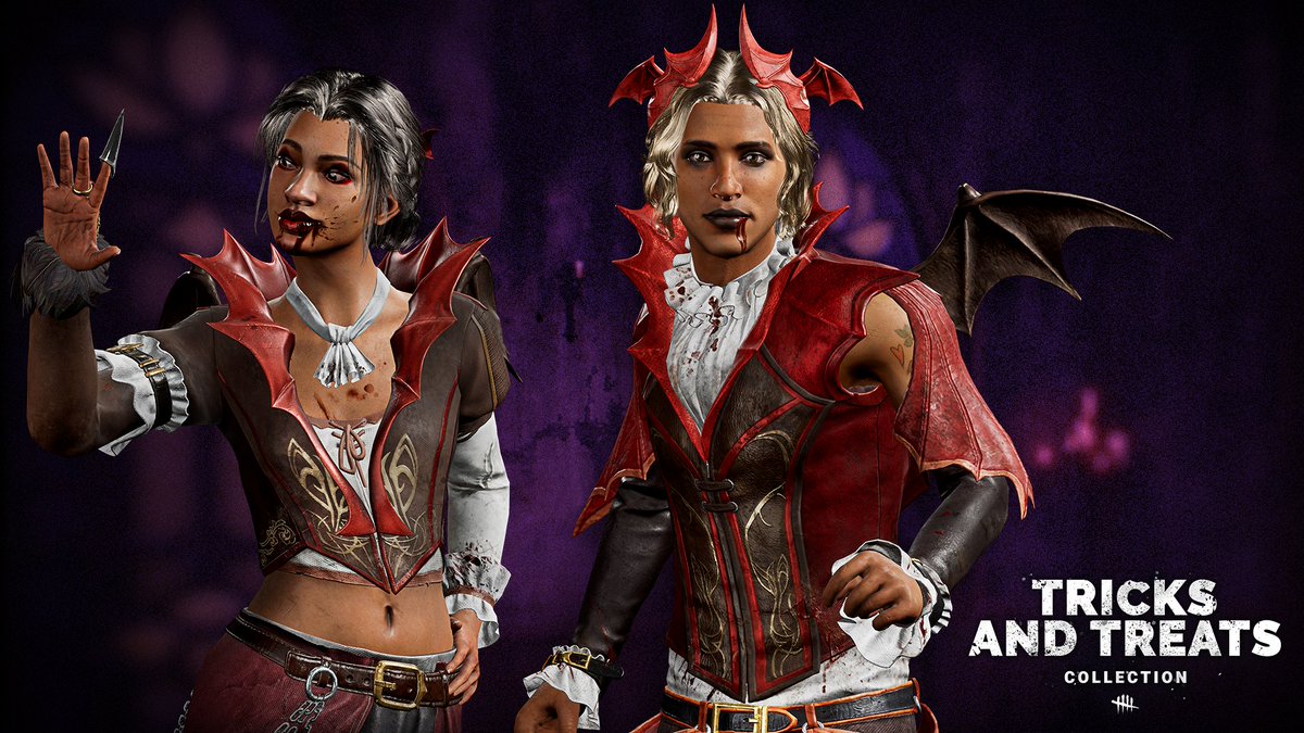 DeadbyDaylight's tweet photo. Halloween in the Lyra household was something to behold. 🦇 

The Tricks and Treats Collection is back with new limited-time Outfits for Thalita and Renato Lyra. Available from October 14th to November 4th. https://t.co/x48cVdZnsR