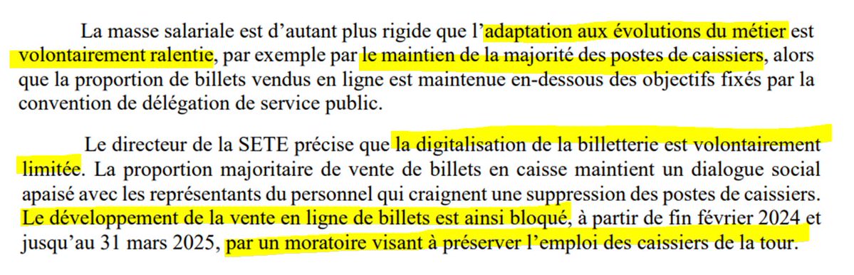 mtwit75's tweet image. Tour Eiffel : les ventes en ligne de billets aux touristes sont volontairement limitées pour maintenir artificiellement des postes de caissiers, qui ne veulent pas évoluer vers d'autres postes, révèle un rapport de la Chambre régionale des comptes.