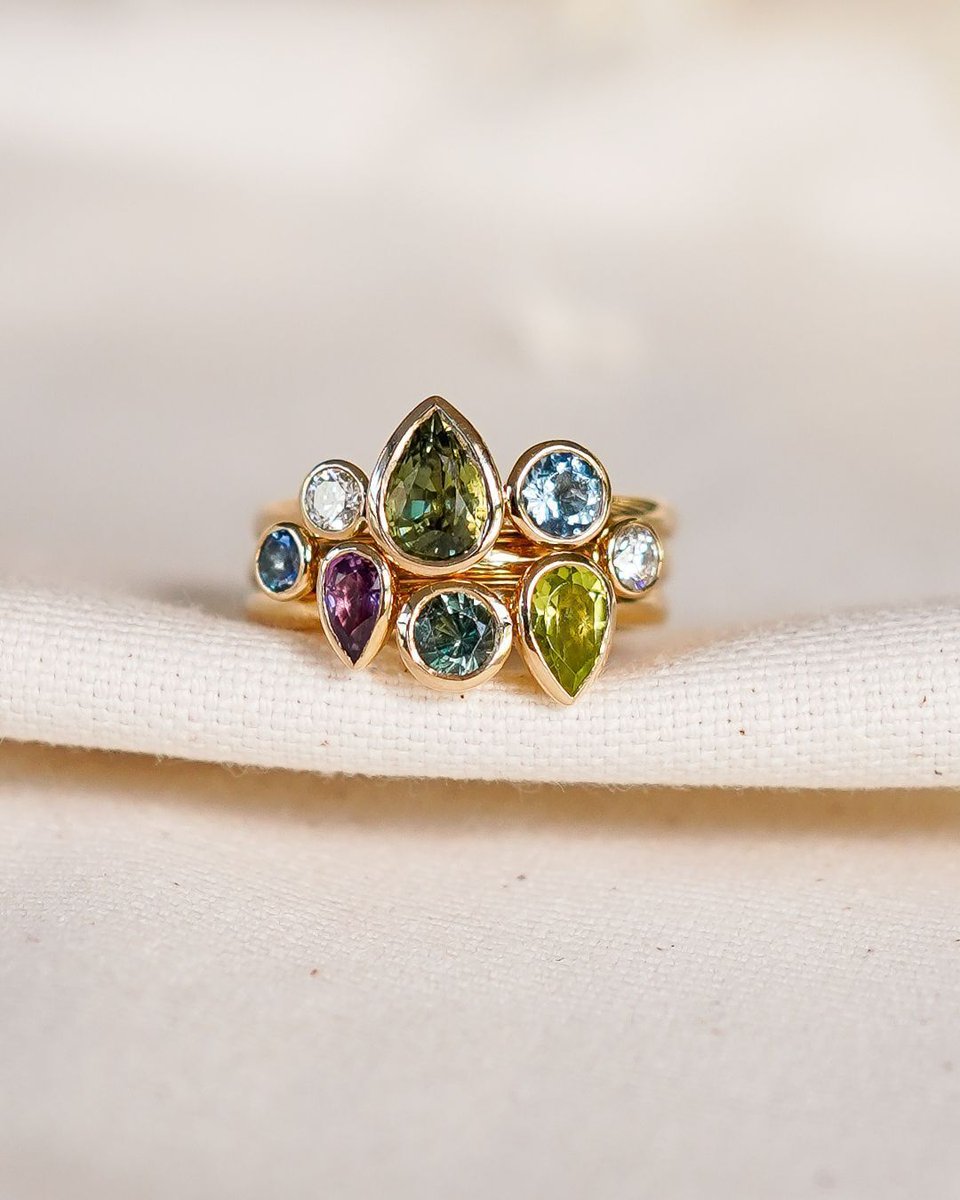 prudenandsmith's tweet image. The Multi-Coloured Pear-Shaped Sapphire Stacking Ring, bold in design and handmade in 9ct yellow gold.

#sapphiredesign #multicolouredring #stackingstyle #yellowgoldjewellery #britishcraft #finejewellery #uniquedesign