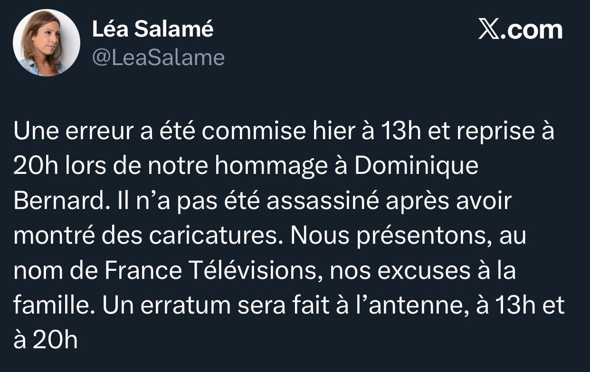 Non <a href="/LeaSalame/">Léa Salamé</a>, ce n’est pas une « erreur », c’est de l’amateurisme complet. 

N’importe quel Français que vous interrogez dans la rue connait les conditions de la mort tragique de Dominique Bernard et Samuel Paty, et vous présentatrice du journal de service public vous ne le