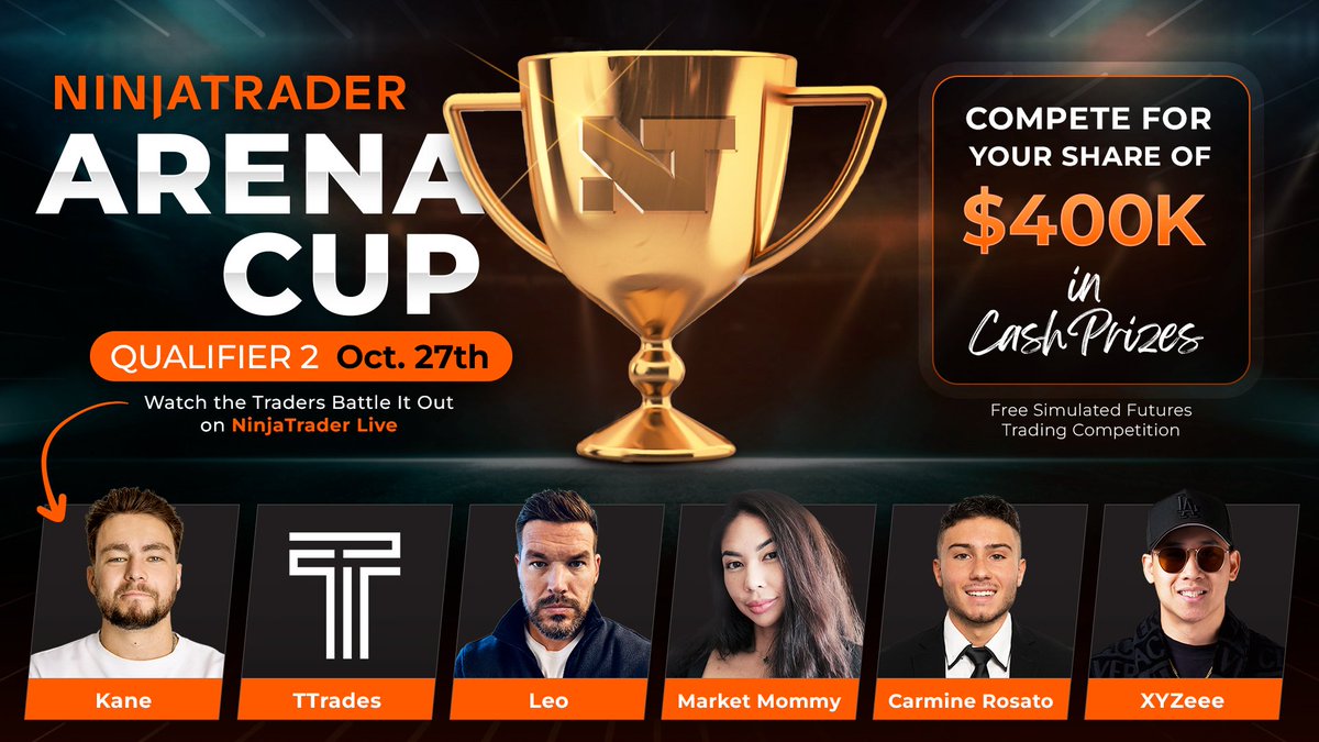 _traderkane's tweet image. Join me October 27th on @NinjaTrader Live.
I am competing in Qualifier 2, come along, have some fun and try and win some prizes...
The #ArenaCup is FREE to enter.
$400K in cash prizes for a free competition is nuts. $100K for 1st place btw 👀
