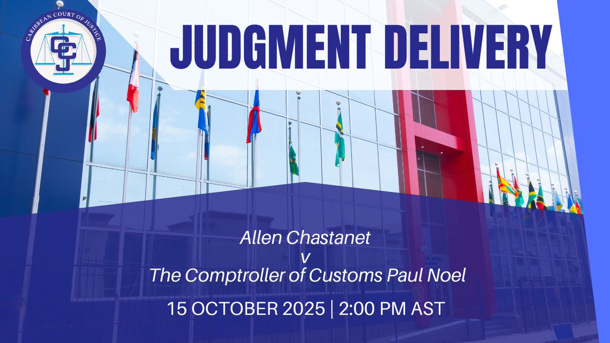 Tomorrow, at 2:00 p.m. AST, the #CCJ will deliver its decision on an appeal challenging the withdrawal of customs violation proceedings against the current Deputy Prime Minister of Saint Lucia, Dr Ernest Hilaire. View the judgment delivery here: loom.ly/R6GNE-k.