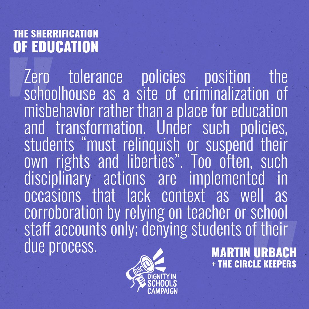 New article: The Sherrification of Education
How policies in schools expand policing, surveillance &amp; the school-to-prison pipeline — and how we can interrupt it.

dignityinschools.org/the-sherrifica…
#EdJustice #SchoolToPrisonPipeline #RestorativeJustice