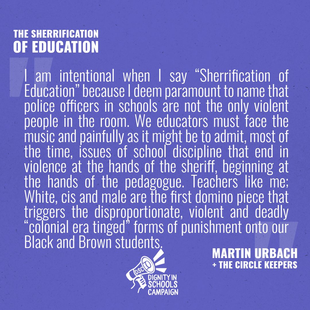 DignityinSchool's tweet photo. New article: The Sherrification of Education
How policies in schools expand policing, surveillance &amp; the school-to-prison pipeline — and how we can interrupt it.

https://t.co/ldENidUgS3
#EdJustice #SchoolToPrisonPipeline #RestorativeJustice https://t.co/4z4T482JYg