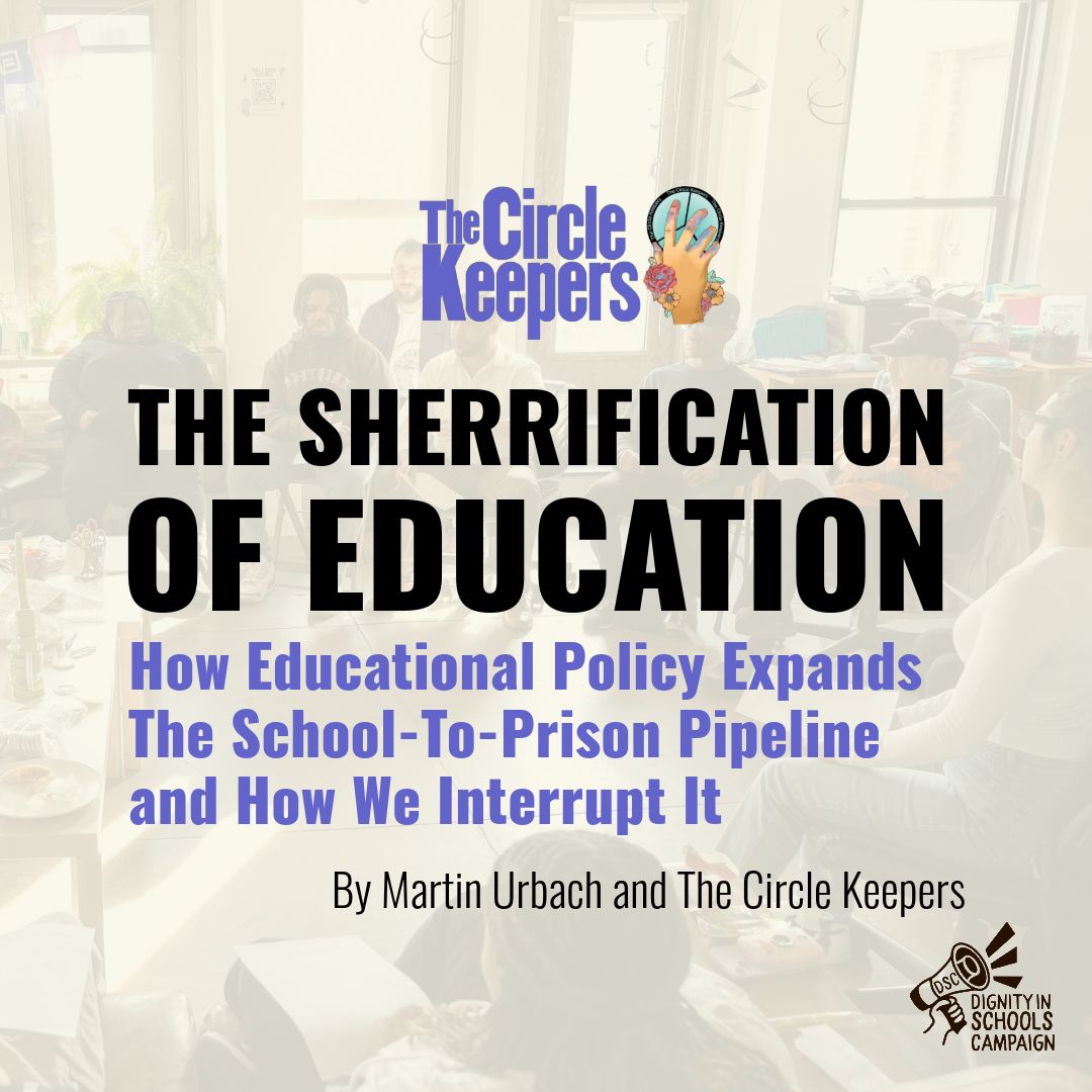 DignityinSchool's tweet photo. New article: The Sherrification of Education
How policies in schools expand policing, surveillance &amp; the school-to-prison pipeline — and how we can interrupt it.

https://t.co/ldENidUgS3
#EdJustice #SchoolToPrisonPipeline #RestorativeJustice https://t.co/4z4T482JYg