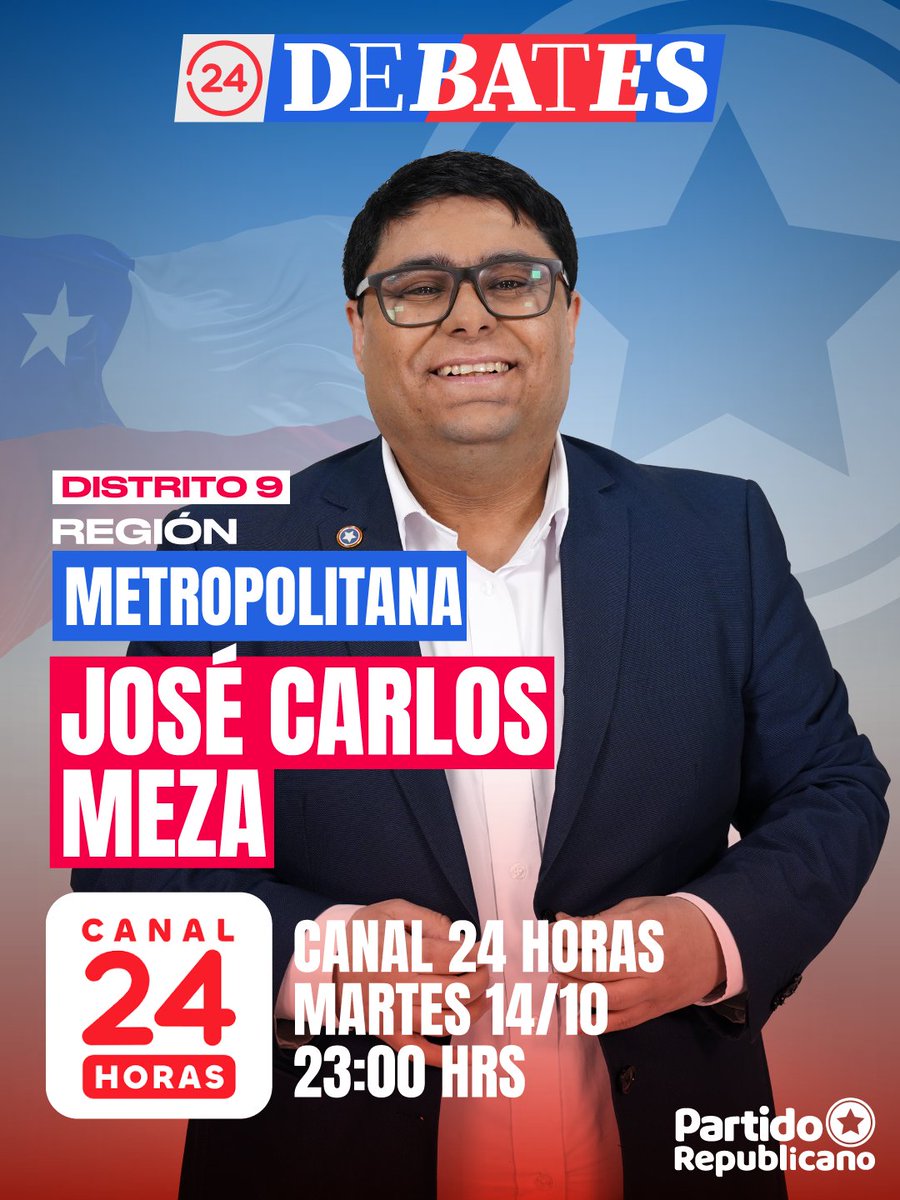 ¡Hoy a las 23 horas!
Nuestro diputado por el distrito 9 de la Región Metropolitana, José Carlos Meza (<a href="/JoseMezaPereira/">José Carlos Meza 👍🇨🇱</a>), estará en el programa 24 Debates del Canal <a href="/24HorasTVN/">24 Horas</a>, donde se referirá a sus propuestas para, desde el Congreso, seguir impulsado leyes en contra de la