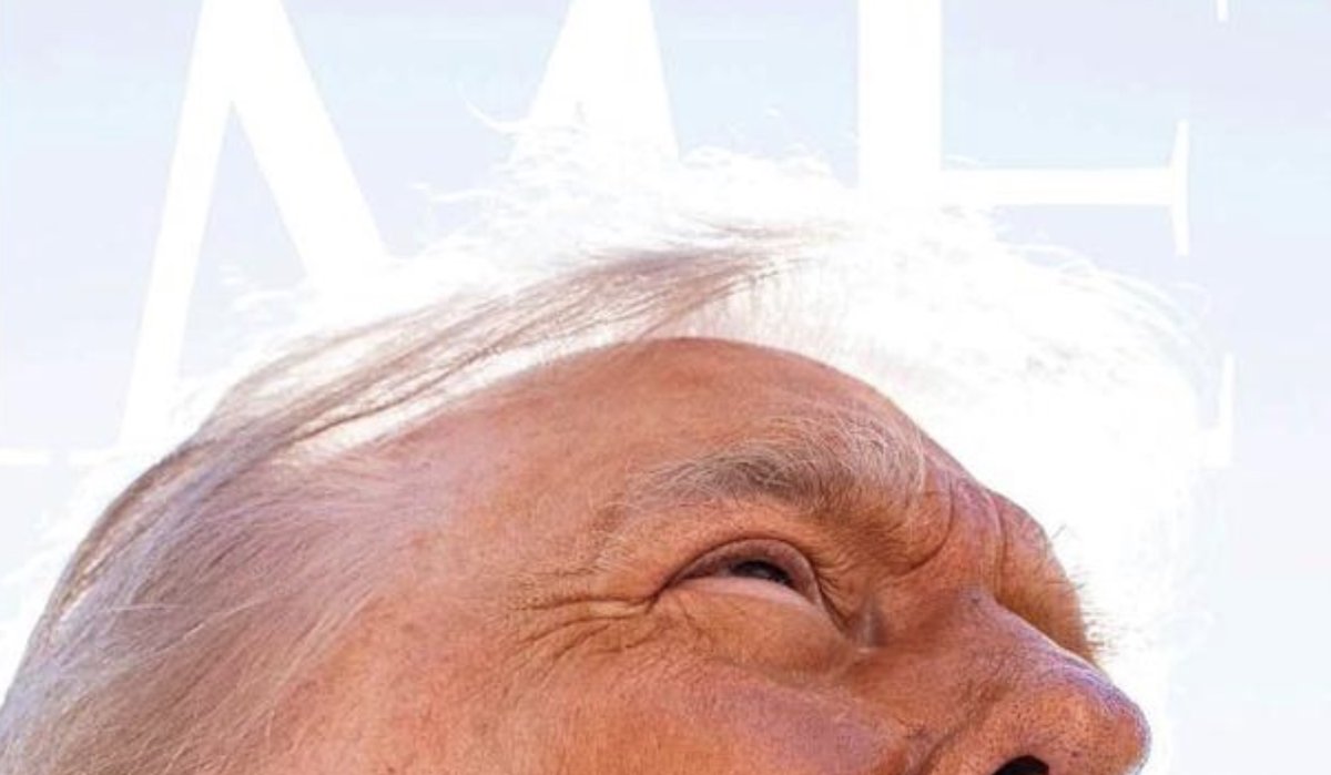 TheGate222's tweet photo. Look at what Time Magazine did, besides behing a horrible angle.  They whited out most of his hair to give the illusion of balding.  AND  tell me this 'neck' photo isn't a taunt over the #Charliekirk murder. #trumpphoto  L L.  . https://t.co/QAdtvmxLgZ