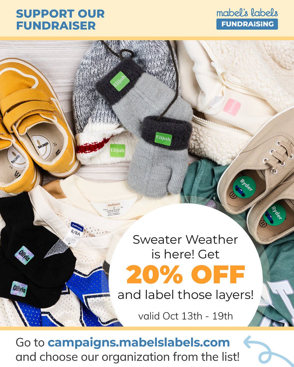 It’s Fall, y’all! Don’t miss Mabel’s Labels’ annual Sweater Weather Sale: 20% off all clothing labels.
Please use our fundraising link:
mabelslabels.ca/en_CA/fundrais…
From Oct 13-19 and don’t forget, all unclaimed items will be donated after PT conferences on Wednesday Oct 22