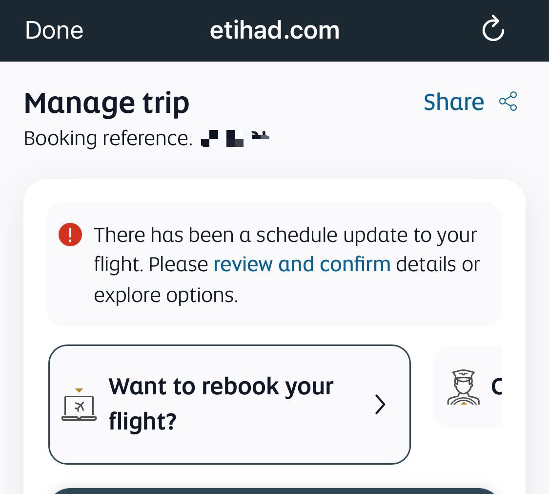 ADU_king7's tweet photo. DISAPPOINTING EXPERIENCE with @etihad - first time booking with them

Two main issues where @SingaporeAir and @cathaypacific did better (based on my experience)

1. They changed the schedule of my flight WITHOUT notifying me.
2. I CANNOT cancel or reschedule for free https://t.co/5rjPgEJKag