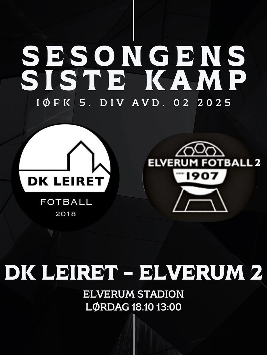 På lørdag spiller heltene sin siste kamp i klubbens beste sesong noen sinne!👏🏼 

2. plassen ble sikret for noen kamper siden og det siktes mot nok en seier! 

Møt opp på Elverum stadion i et ekte lokalderby mot Elverum 2 og støtt heltene og bli med på en herlig kamp ⚽️🖤