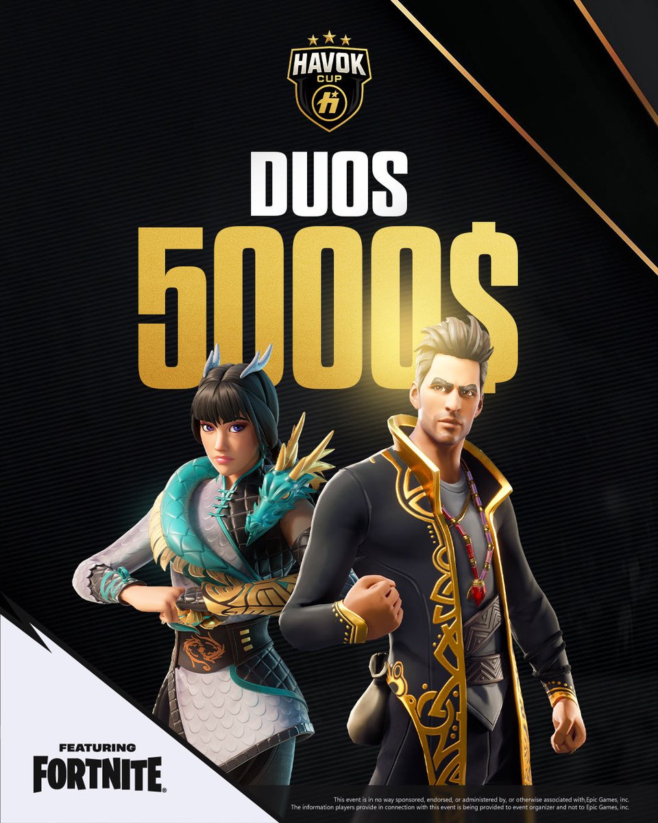 La HavoK Cup fait son grand retour ! 🏆 

🔓 Ouvert à tous 
👥 Duos 
💶 5000$ 

Dès demain 15H, vous pourrez tenter votre chance lors de la première session de qualifications ! 

Alors… choisissez votre duo et préparez-vous vite 🏋🏽‍♂️ 

Publicité pour <a href="/FortniteFR/">Fortnite 🇫🇷 officiel</a>