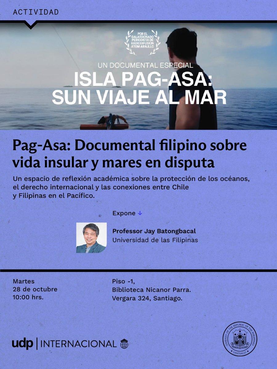 udp_cl's tweet image. 🤩El 28 de octubre se desarrollará la actividad "Pag-Asa: Documental filipino sobre vida insular y mares en disputa" con el Professor Jay Batongbacal (Universidad de las Filipinas)🗣️
Te esperamos a las 10:00 hrs. en el piso -1 de la Biblioteca Nicanor Parra (Vergara 324)📍
#UDP