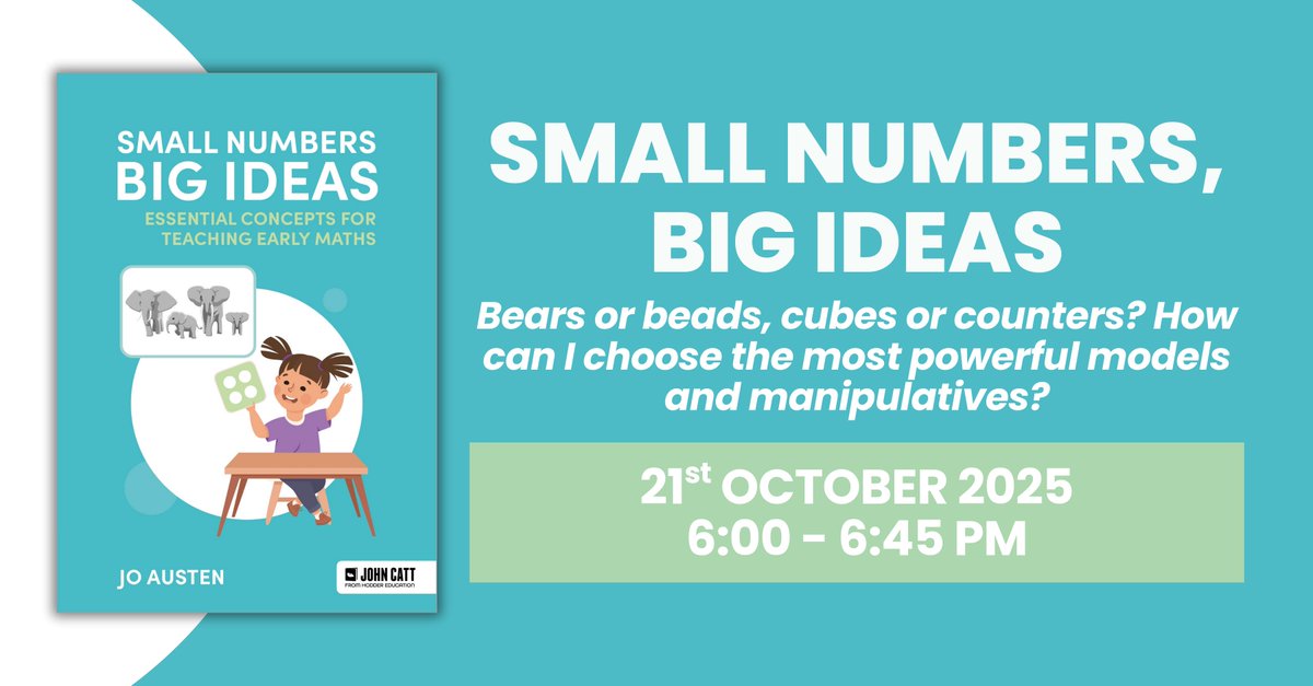 A week to go until our third Small Numbers, Big Ideas webinar! 🔢 🧮👩‍💻 <a href="/HLearningPD/">Hachette Learning Professional Development</a> 

This time, how can we pick the right models &amp; manipulatives for the right moment? 

Tuesday 21st Oct, 6pm UK time

Sign up is free:
lnkd.in/eTM5fedd

Buy the book:
amazon.co.uk/Small-Numbers-…