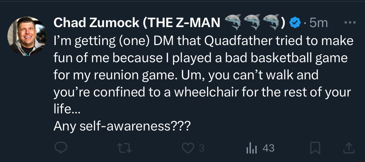 Chad BoozeMock (@chadboozemock) on Twitter photo Floridas greatest comedian gets, according to him, 1 DM about <a href="/byb_podcast/">BYB Podcast</a> said he sucked at his basketball game so the professional comedian <a href="/chadzumock/">Chad Zumock (THE Z-MAN 🦈🦈🦈)</a> fires back with “I didn’t suck! You’re confined to a wheel chair”😂 💥 roasted😂😂😂 Floridas greatest comedian gets, according to him, 1 DM about <a href="/byb_podcast/">BYB Podcast</a> said he sucked at his basketball game so the professional comedian <a href="/chadzumock/">Chad Zumock (THE Z-MAN 🦈🦈🦈)</a> fires back with “I didn’t suck! You’re confined to a wheel chair”😂 💥 roasted😂😂😂