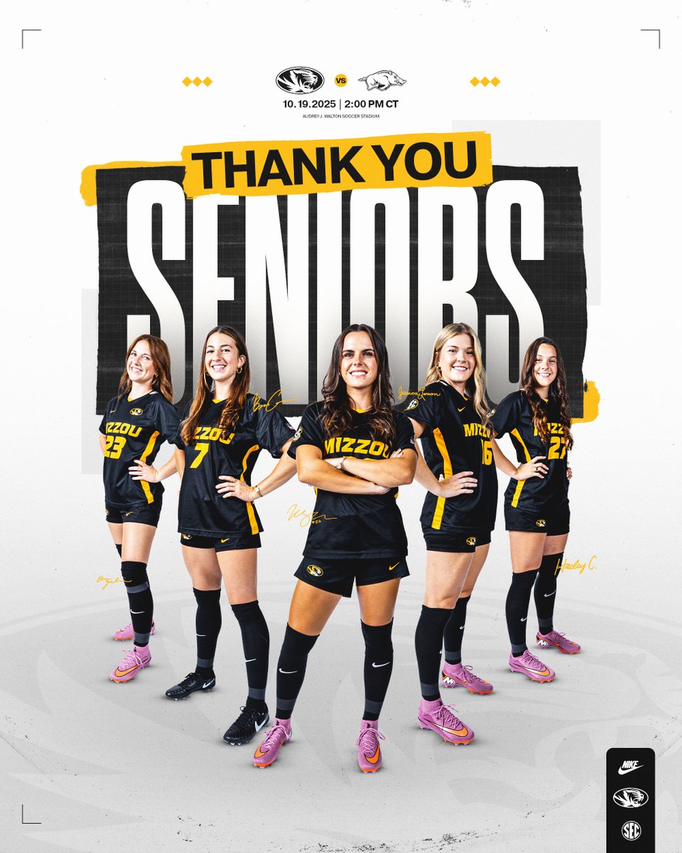 MizzouSoccer's tweet image. Senior Sunday‼️

🏟️ Gates open at 12:45 PM
⚽️ Senior recognition at 1:00 PM
🎟️ FREE Admission
🐶 Pups on the Pitch
🚛 Food Trucks &amp;amp; more!

#MIZ 🐯 | #RHRN