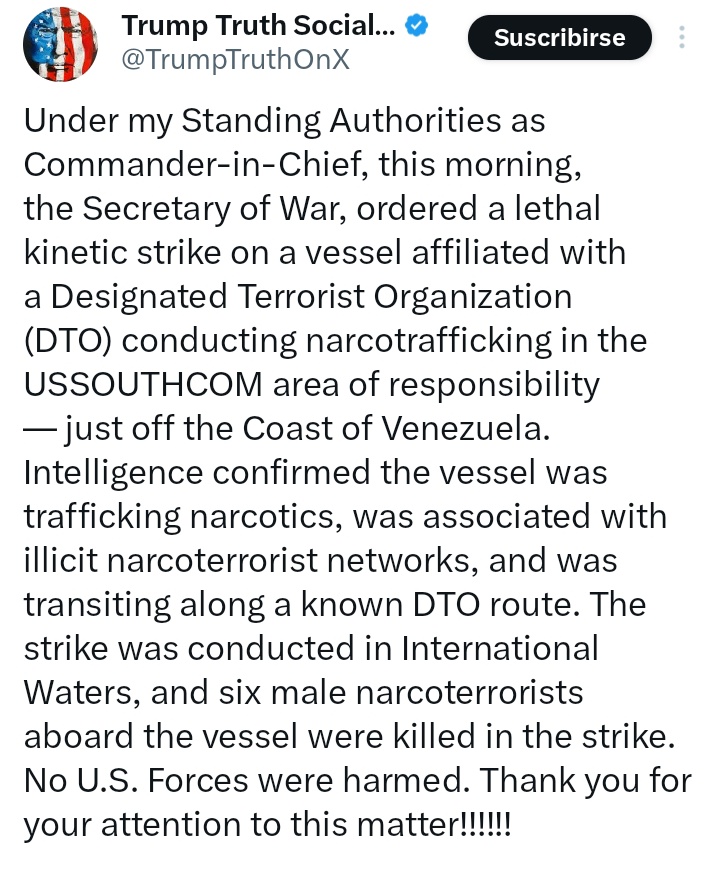 InvisiblesMuros's tweet image. Trump announces the bombing of yet another civilian boat in the Carribean, this time killing 6

Its becomming increasingly normalized