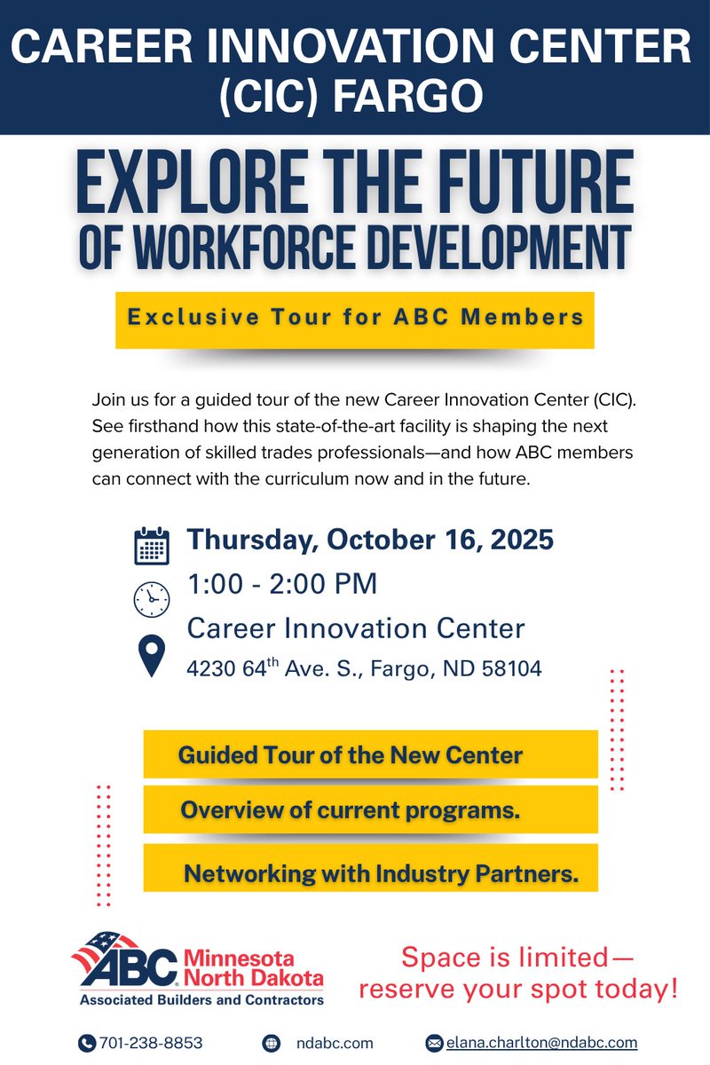 ABC_MNandND's tweet image. Discover the future of workforce development at ABC's exclusive tour of Fargo's Career Innovation Center, preparing skilled trades professionals. Reserve your spot now! 🛠️ #ABCMNND #BuildingFutures #WorkforceDevelopment #ABCMeritShopProud