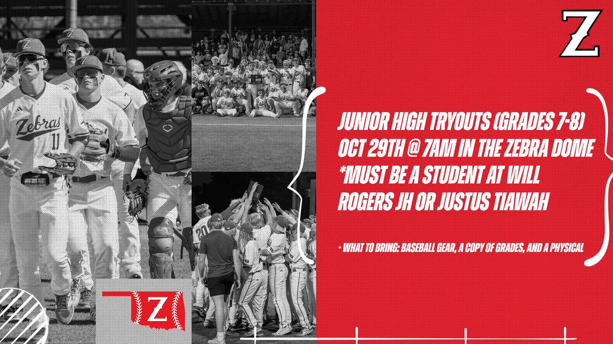 📣 JH Baseball Tryouts
📅 October 29
⏰ 7:00 AM
📍 Zebra Dome

All 7th and 8th graders interested in trying out for Junior High Baseball should report to the Zebra Dome at 7:00 AM on October 29.