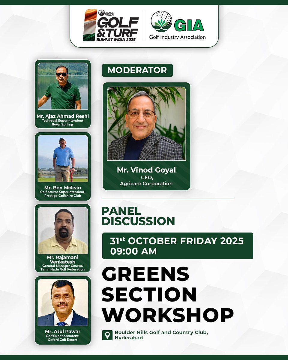 ✨ Professional &amp; Engaging:
Join industry experts for an insightful panel discussion at the Greens Section Workshop 🌱⛳ where experience meets innovation in golf course management.

👉 Register Now: forms.gle/chfQo8QoTi5P5b…

#GIASummit2025 #GolfIndia #GolfIndustry #GolfSummit